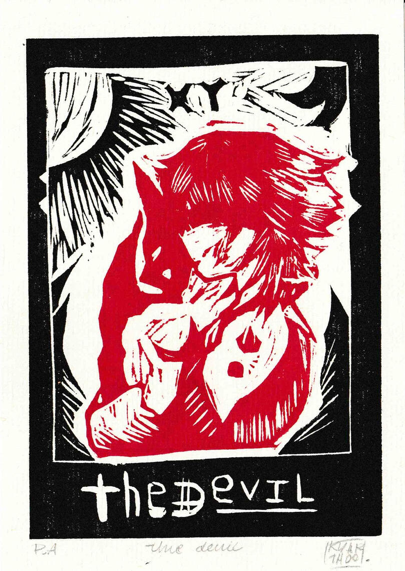 The Devil, 2022. Linoleogravura 14,8 x 21cm Kezia Mausolf