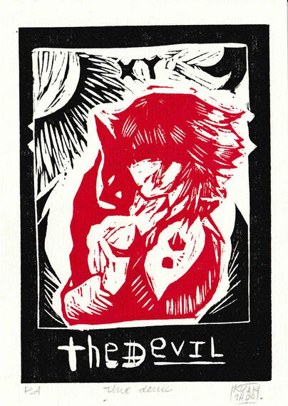 The Devil, 2022. Linoleogravura 14,8 x 21cm Kezia Mausolf