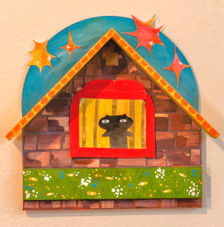 Gato na Janela, 2023. Pintura Acrilica e Colagem em MDF. 20x18x4cm. Kezia Mausolf